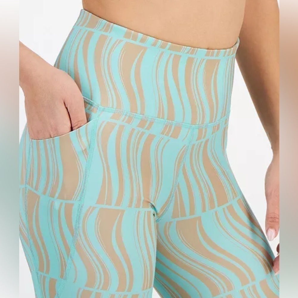 Ideology 7/8 Compression Leggings Blue Tan Print Pockets Women XL NWT